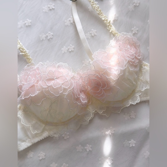 US-32C Japanese 3D Sakura Layers Floral Embroidered Bra & Panty Set Cute Pink - Picture 5 of 15